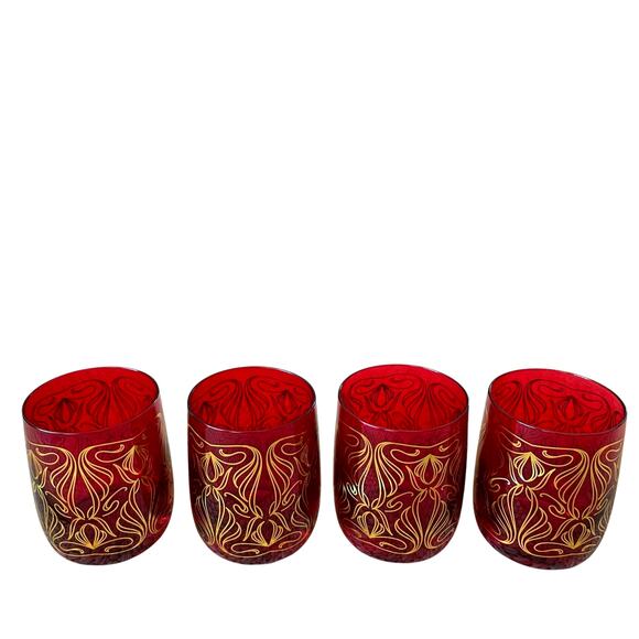 Neiman Marcus Holiday Red Gold Double Old Fashion Glass Tumbler Gift Set of 4 - Picture 9 of 15